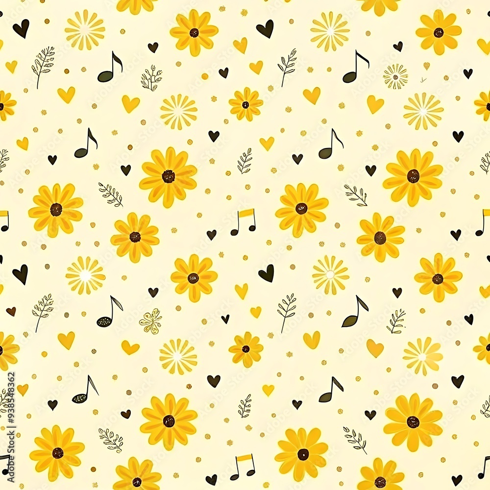 Obraz premium Yellow Flower and Heart Pattern - Cute Floral Digital Design