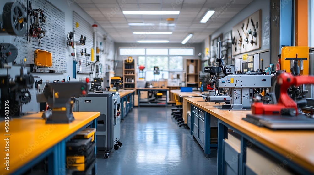 View Of Work Benches And Machinery In High School Design And Technology Classroom : Generative AI View Of Work Benches And Machinery In High School Design And Technology Classroom : Generative AI