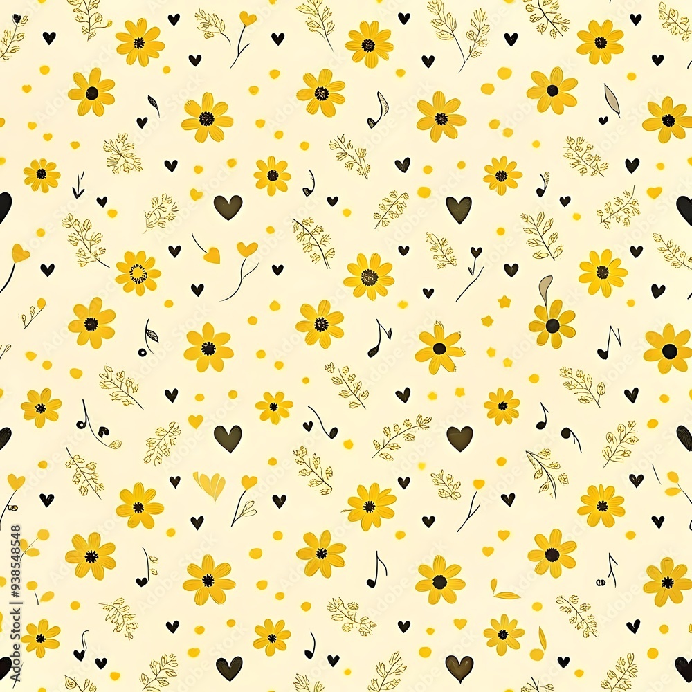 Yellow Flower and Heart Pattern - Cute Floral Digital Design Yellow Flower and Heart Pattern - Cute Floral Digital Design