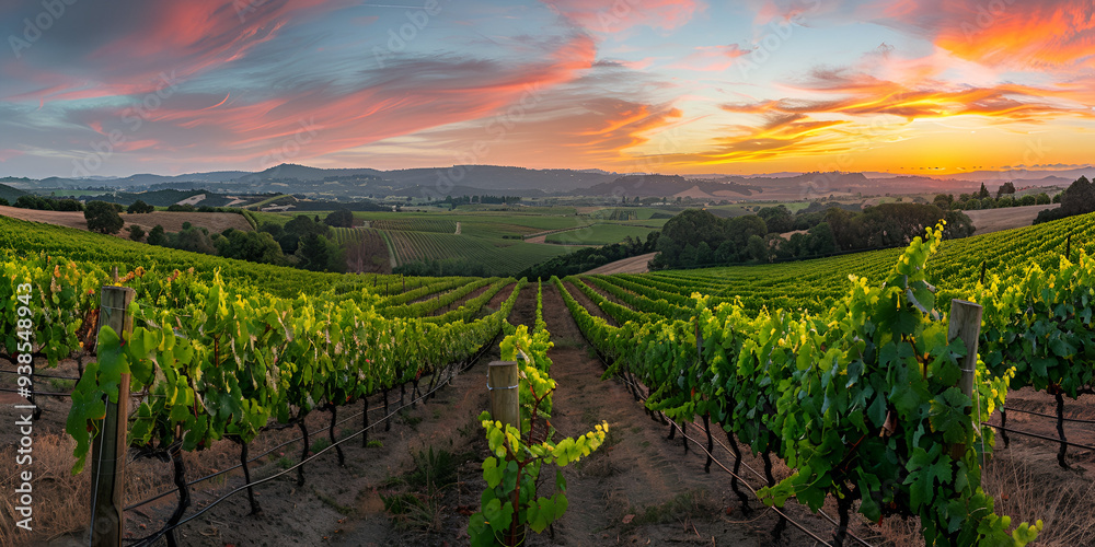 Naklejka premium Vineyard at Sunset: Exploring the Tranquil Beauty of Wine Country, The Art of Winemaking: Capturing the Essence of Vineyards at Dusk