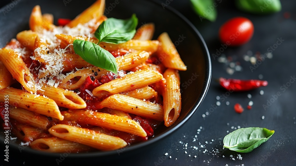 Classic italian pasta penne alla arrabiata with basil and freshly grated parmesan cheese on dark table Penne pasta with chili sauce arrabbiata : Generative AI Classic italian pasta penne alla arrabiata with basil and freshly grated parmesan cheese on dark table Penne pasta with chili sauce arrabbiata : Generative AI