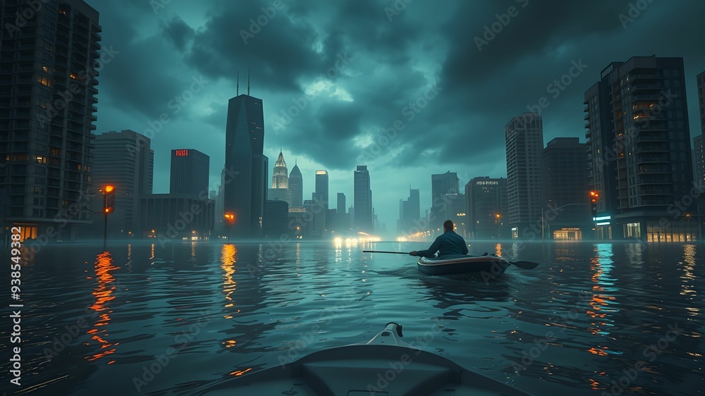 Fototapeta premium Modern City Submerged in Floodwaters at Dusk
