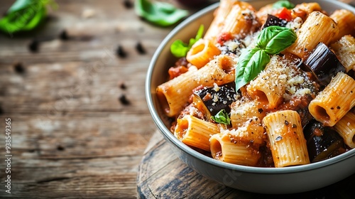 Italian pasta alla Norma with main ingredients eggplant tomato sauce basil served with grated ricotta salata cheese White wooden table Top view : Generative AI