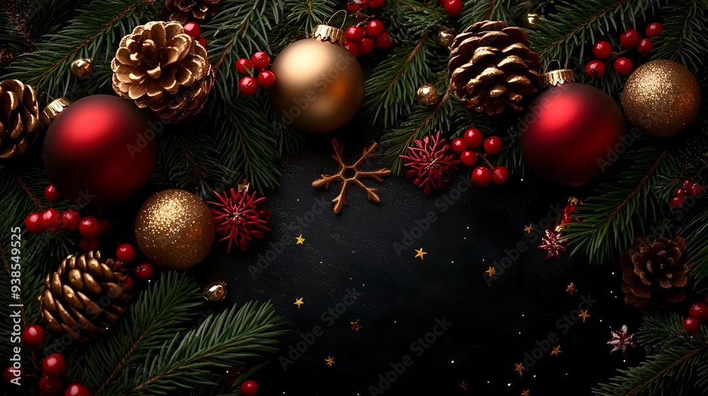 Festive Christmas border of pine branches, ornaments, pine cones, berries, and snowflakes on a black background. Festive Christmas border of pine branches, ornaments, pine cones, berries, and snowflakes on a black background.