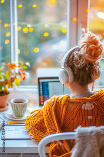 Woman Enjoying Music with Headphones, Cozy Evening at Home