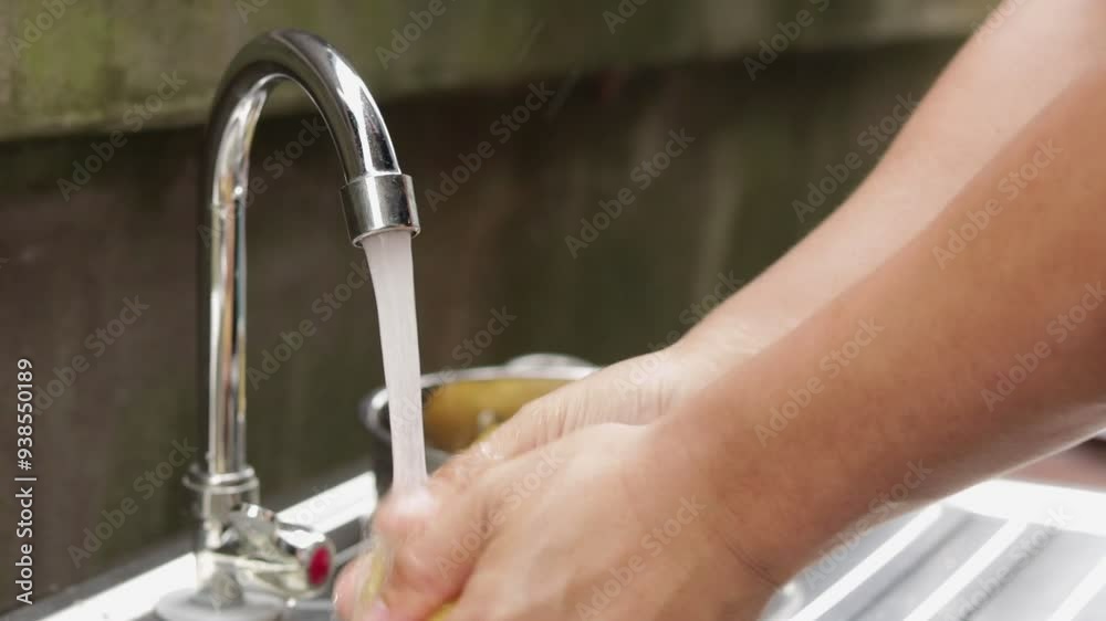 Closeup view of a man's hands washing a potatoes in the kitchen sink. potato under a stream of water. Preparation of potatoes for cooking. cooking in the kitchen. Cooking at home. Closeup view of a man's hands washing a potatoes in the kitchen sink. potato under a stream of water. Preparation of potatoes for cooking. cooking in the kitchen. Cooking at home.