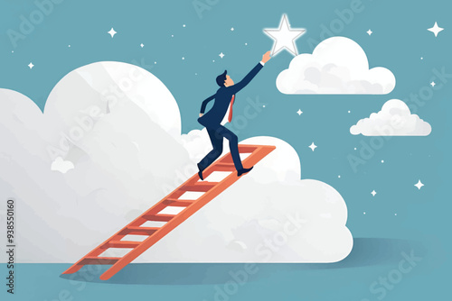 business awards, job career, dream job concept, illustration of successful businessman climbing the stairs to the clouds to reach the stars in the sky