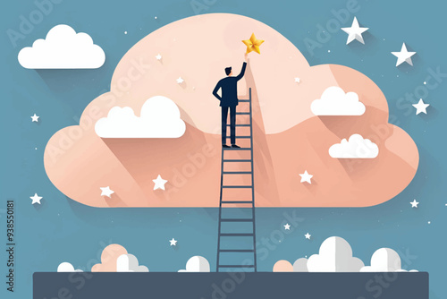 illustration of a successful businessman climbing a ladder into the clouds to reach the stars in the sky
