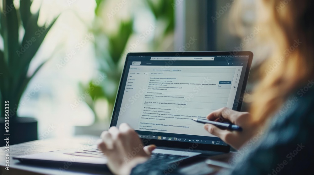 Close-up of a laptop screen displaying an e-learning platform, with a student taking notes on a tablet Close-up of a laptop screen displaying an e-learning platform, with a student taking notes on a tablet