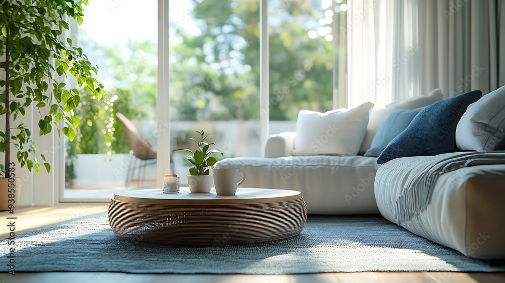 Interior of stylish living room with sofa coffee table carpet and window : Generative AI Interior of stylish living room with sofa coffee table carpet and window : Generative AI