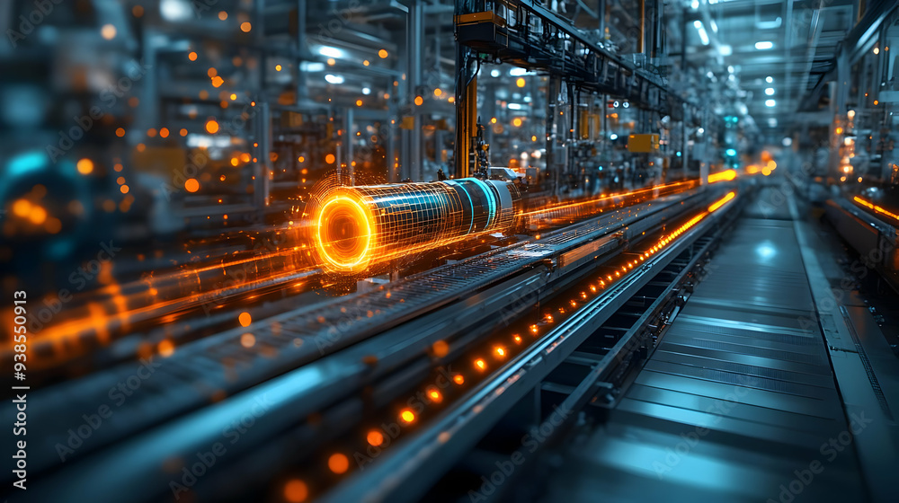Futuristic assembly line with glowing orange light. Futuristic assembly line with glowing orange light.