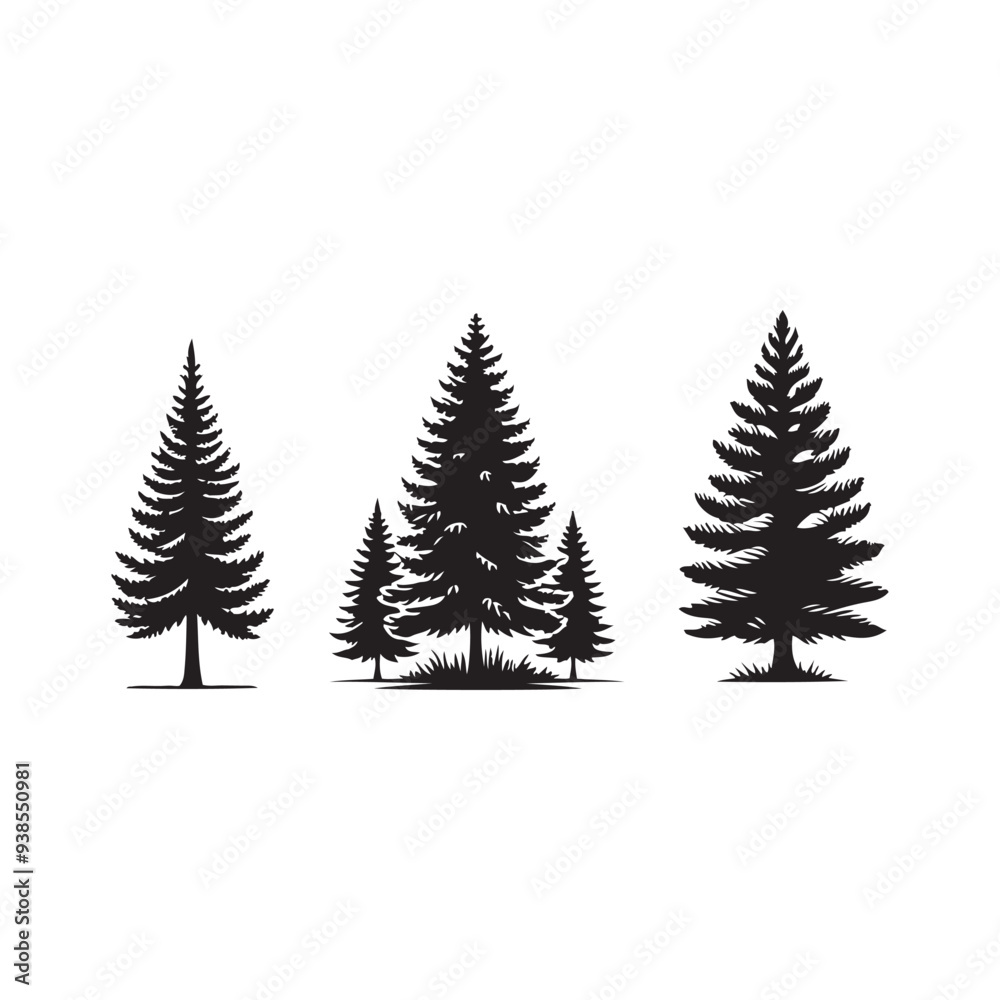Obraz premium pine tree silhouette isolated on white background .vector illustration. Beautiful hand drawn panorama with treetops forest. Black pine woods