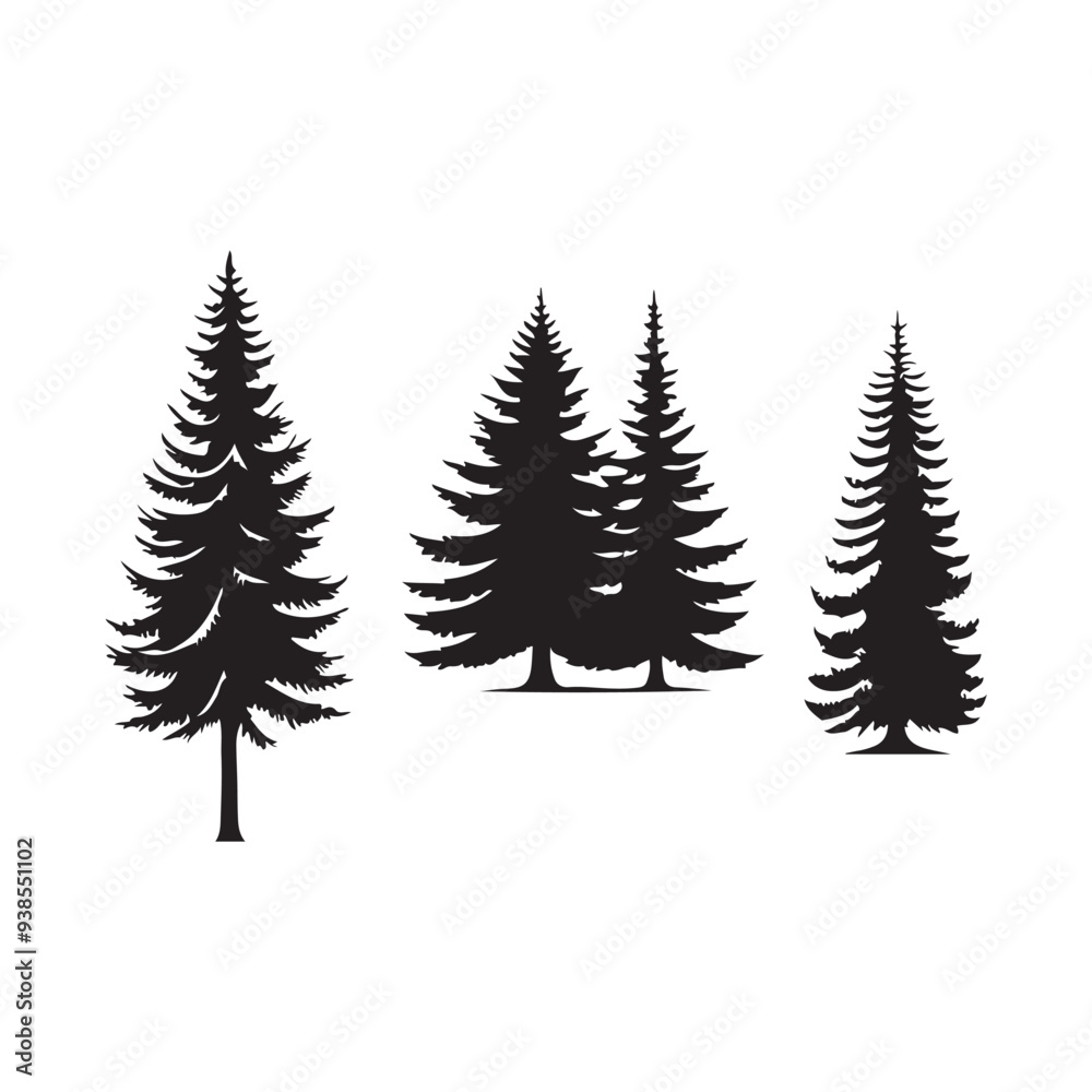 Obraz premium pine tree silhouette isolated on white background .vector illustration. Beautiful hand drawn panorama with treetops forest. Black pine woods