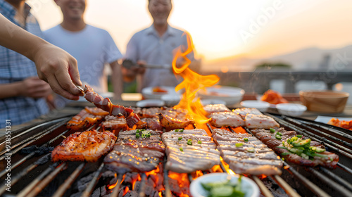 Barbecue grill with flames and meat at sunset