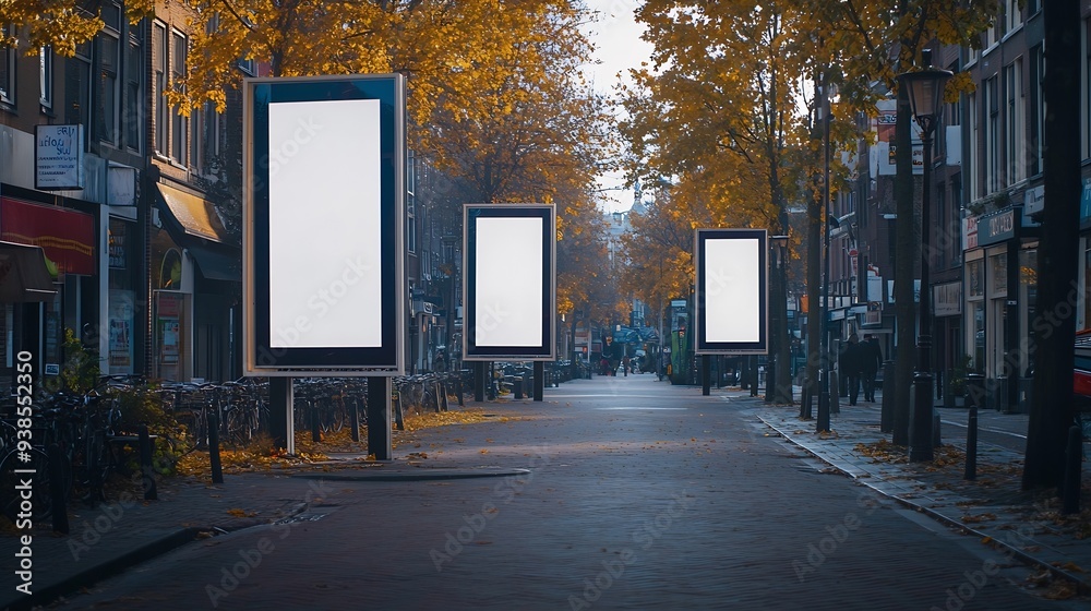 Hilversum the Netherlands October 2 2023 Blanco mock up of three billboards attached to street furniture in a city street : Generative AI Hilversum the Netherlands October 2 2023 Blanco mock up of three billboards attached to street furniture in a city street : Generative AI
