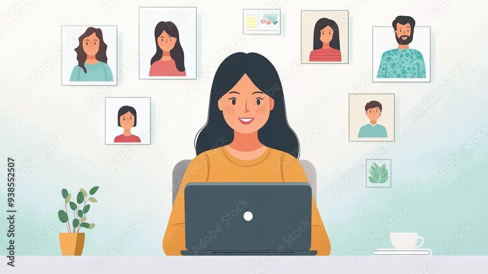A joyful woman with long black hair working on a laptop at home surrounded by framed portraits on the wall and a small plant A joyful woman with long black hair working on a laptop at home surrounded by framed portraits on the wall and a small plant