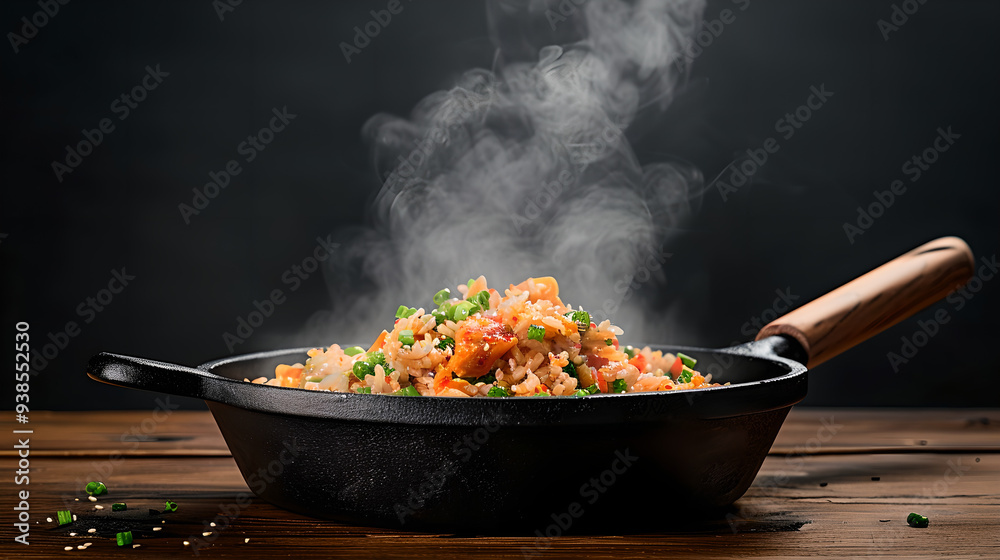 Steaming Fried Rice in Cast Iron Skillet on Wooden Table Steaming Fried Rice in Cast Iron Skillet on Wooden Table