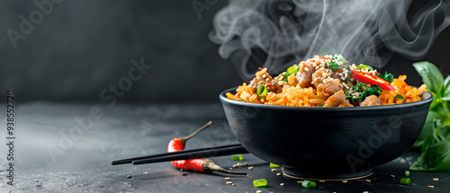 Steaming Asian stir-fry noodles in black bowl