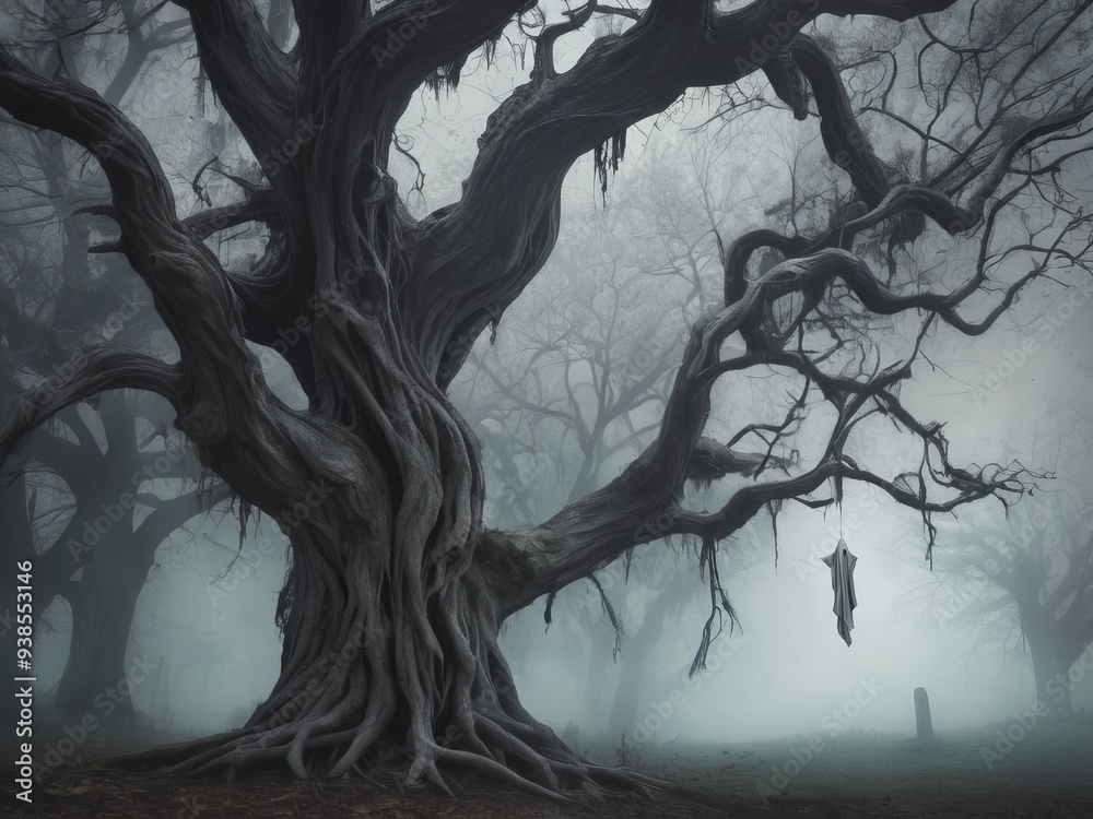 Naklejka premium Creepy Haunted Tree with Ghost Hanging in Foggy Graveyard, Halloween Scene