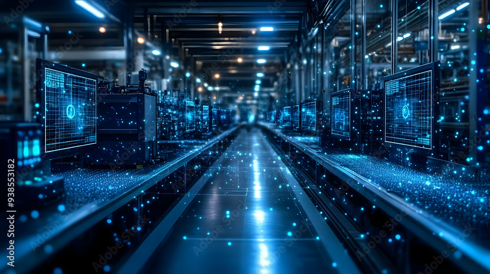 Fototapeta premium Futuristic industrial factory with digital screens and blue lights.