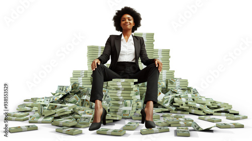 Rich Black business woman boss wearing black suit sitting on pile of Us dollar bills with more stacks of money around her against white background, throne made of cash, feminine, female power	
