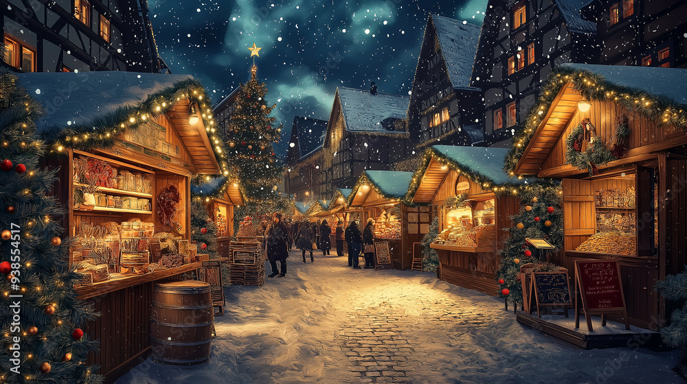 Fototapeta premium Cozy European Holiday Market Background with Twinkling Lights Wooden Stalls Festive Treats and Falling Snow