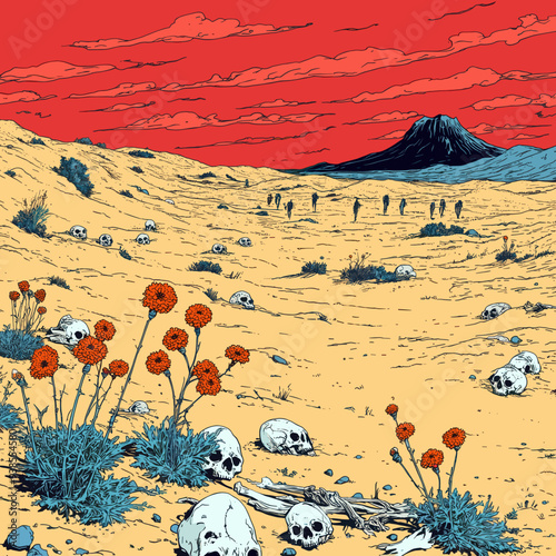 Desolate Desert Landscape with Scattered Skulls, Wildflowers, and Distant Figures under a Dramatic Red Sky
