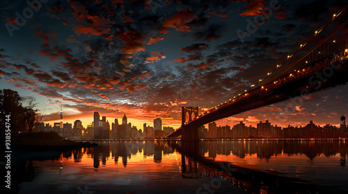 Manhattan Skyline Sunset with Brooklyn Bridge Reflection photo