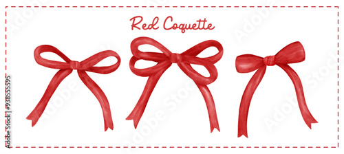 Red Coquette ribbon bow set vintage Aesthetic watercolor vector banner