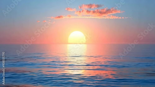 Serene ocean sunset with vibrant colors reflecting on the calm water, creating a peaceful and tranquil ambiance.