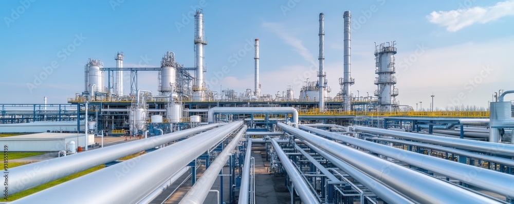 A modern oil refinery with extensive piping systems and tall industrial structures under a clear blue sky. A modern oil refinery with extensive piping systems and tall industrial structures under a clear blue sky.
