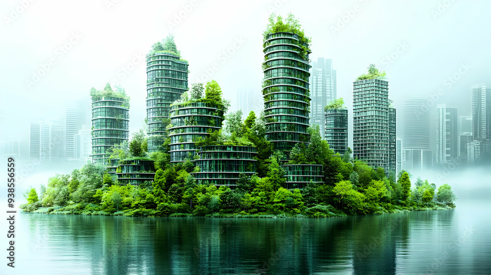 Green Skyscrapers on an Island in a City. Green Skyscrapers on an Island in a City.