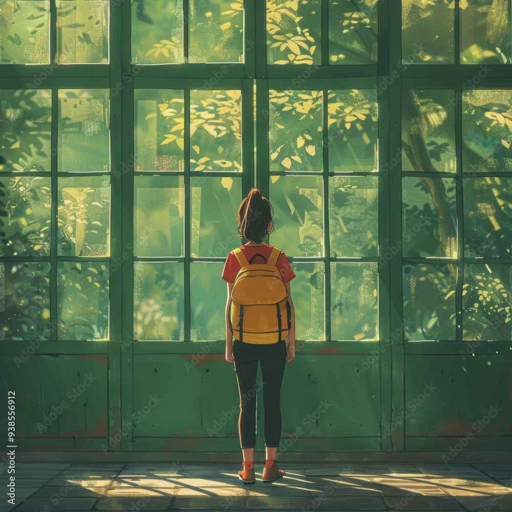 Young Girl with Yellow Backpack Standing Before a Green Door
Young Girl with Yellow Backpack Standing Before a Green Door
