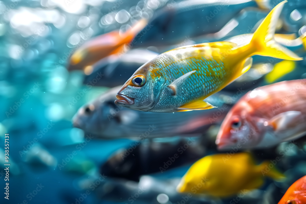 Naklejka premium Colorful Tropical Fish Swimming in Clear Blue Water of a Vibrant Coral Reef