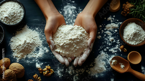 Hands holding a pile of flour on a dark background with scattered flour and ingredients around. photo