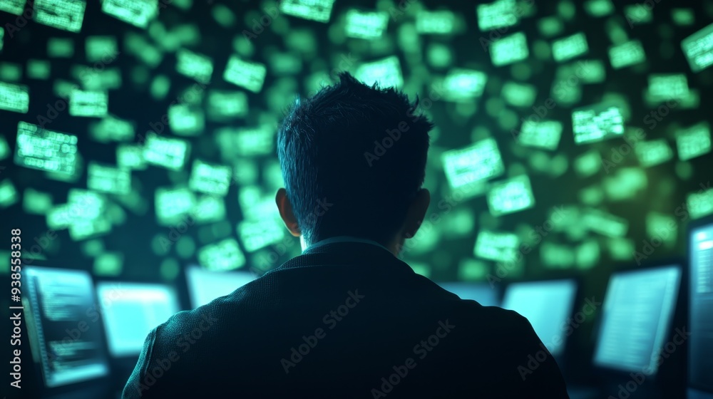 Cyber Intrusion: Hacker in Dark Room with Code Screens and Security Breaches in Blue and Green Lighting Cyber Intrusion: Hacker in Dark Room with Code Screens and Security Breaches in Blue and Green Lighting