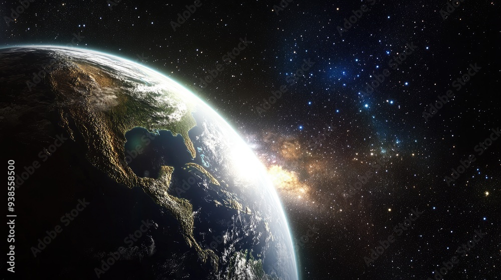Earth illuminated by sunlight, with stars and distant galaxies visible in the background Earth illuminated by sunlight, with stars and distant galaxies visible in the background