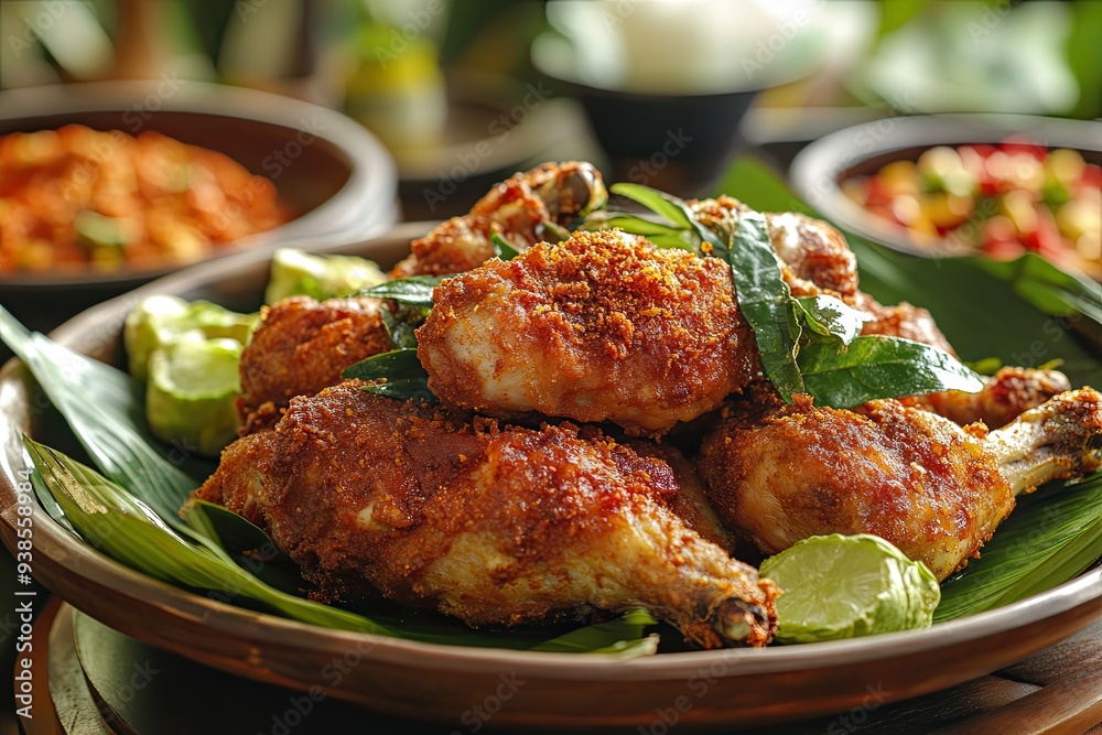 Ayam Tangkap, spices fried chicken original from Aceh, Indonesia. served with leaves such as temurui or curry leaves, pandan leaves and green chili, that are roughly chopped and fried crispy. Ayam Tangkap, spices fried chicken original from Aceh, Indonesia. served with leaves such as temurui or curry leaves, pandan leaves and green chili, that are roughly chopped and fried crispy.