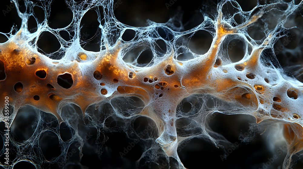 Intricate web of delicate threads encasing a porous, orange material. Intricate web of delicate threads encasing a porous, orange material.