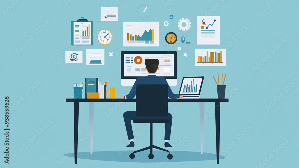A professional engaged in data analysis at a modern workspace filled with charts, graphs, and productivity tools during a sunny daytime A professional engaged in data analysis at a modern workspace filled with charts, graphs, and productivity tools during a sunny daytime