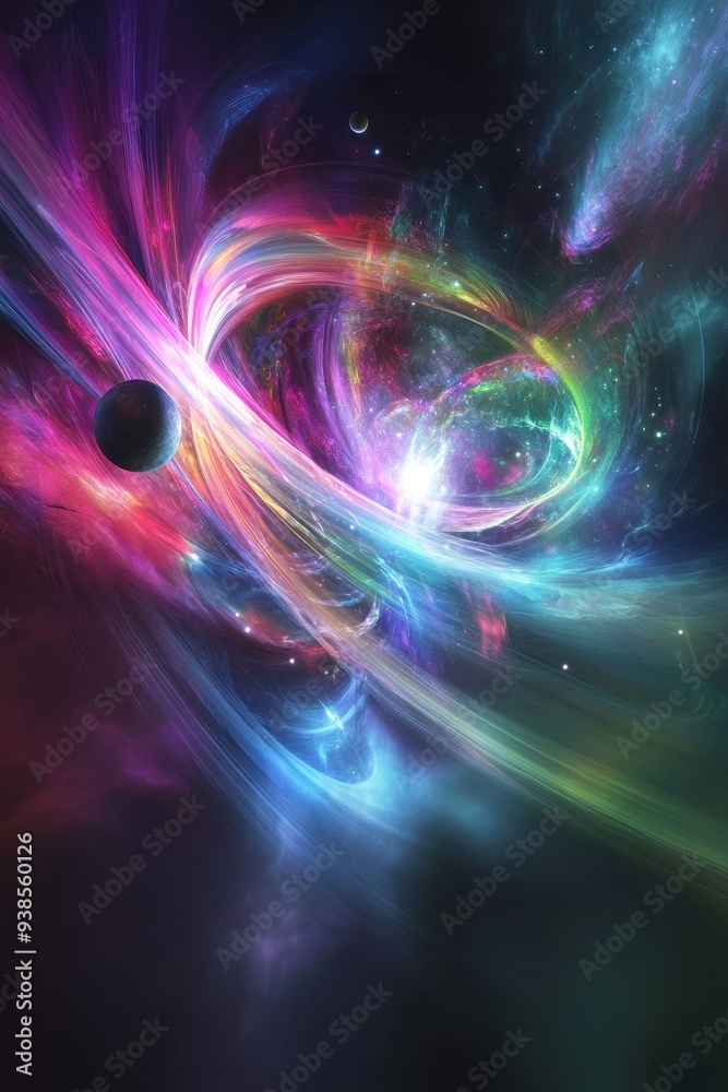 Abstract Space Nebula with Colorful Light Trails and a Planet Abstract Space Nebula with Colorful Light Trails and a Planet