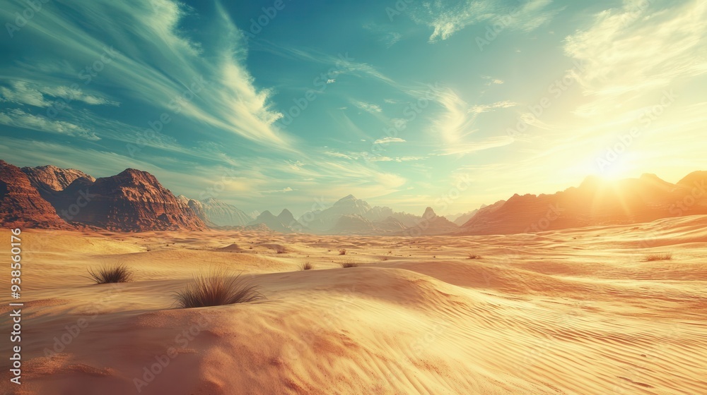 Naklejka premium A desert landscape with a few bushes and a spectacular sky