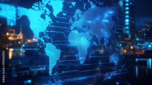 Digital World Map with Blue Lights and Blurred Cityscape Background.