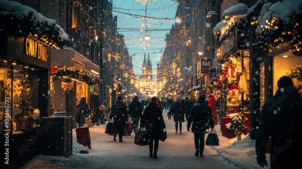 Obraz premium Snowy Christmas Shopping Street with Festive Lights and Decorations.
