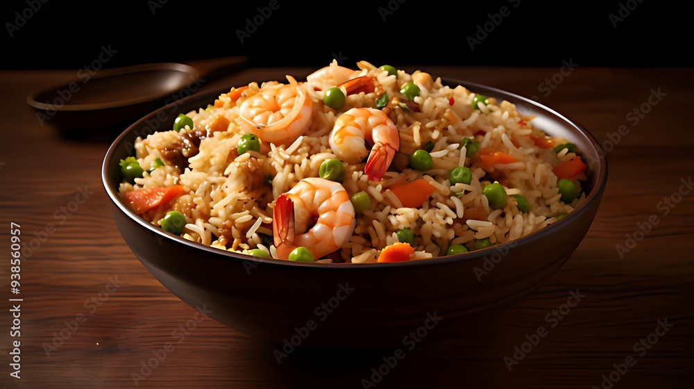 Bowl of chinese fried rice with shrimps and peas Bowl of chinese fried rice with shrimps and peas