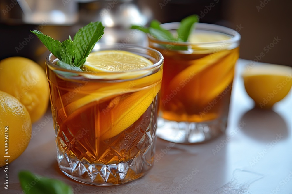 Cold iced tea with mint garnish and sliced lemons Cold iced tea with mint garnish and sliced lemons