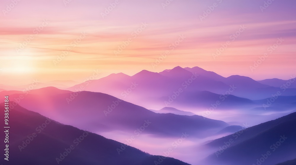Fototapeta premium Majestic Mountain Ranges at Sunrise with Misty Fog and a Purple Sky.