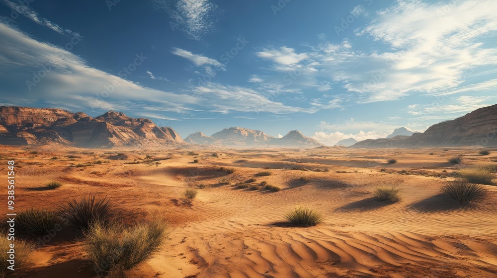 Naklejka premium A desert landscape with a few bushes and a spectacular sky