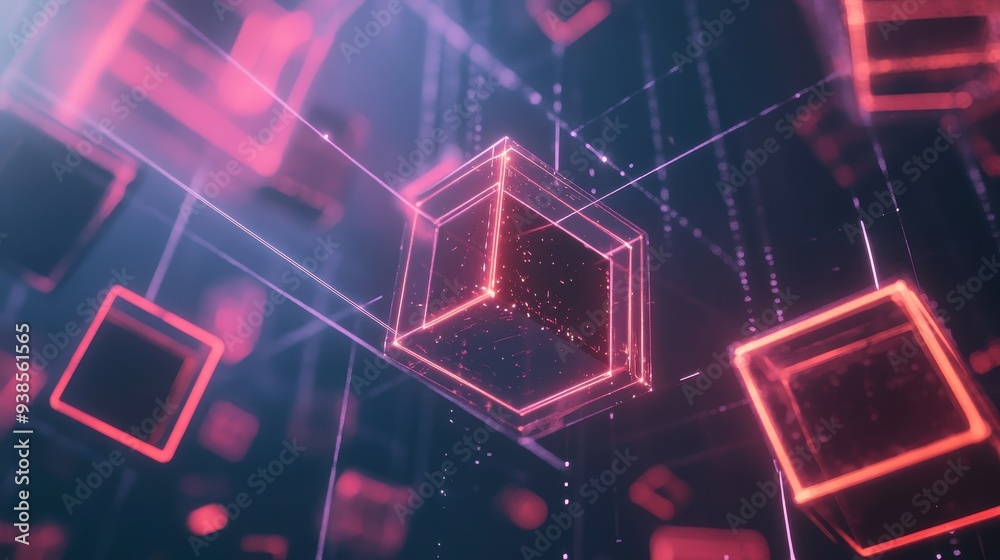 Fototapeta premium Abstract Neon Glowing Cubes with Geometric Lines and Bokeh Lights in a Dark Background.