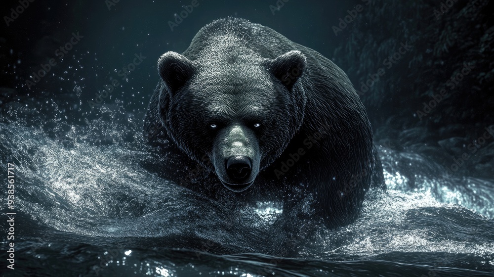 A black bear with white eyes emerges from the dark water with a splash. A black bear with white eyes emerges from the dark water with a splash.